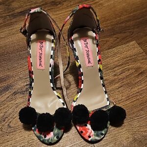 Betsey Johnson Colorful Heels with Black Pom-Poms